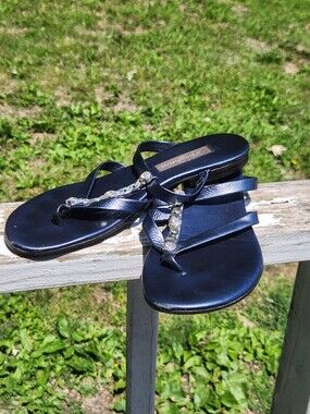 Brighton Aruba Navy Sandals  Silver-Tone Chain With Crystals Size 7.5 EUC